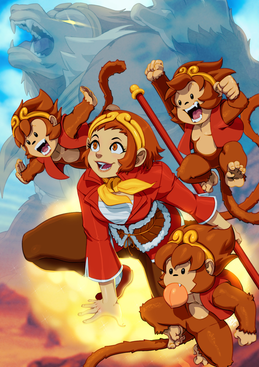 1girl :d absurdres arm_up ascot breasts flying food fruit fur highres holding holding_staff holding_weapon marvel_vs._capcom marvel_vs._capcom_2 monkey monkey_girl monkey_tail mouth_hold open_mouth orange_eyes orange_hair sarashi short_hair smile sonson staff tail tovio_rogers weapon