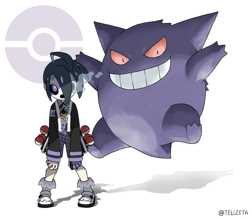 1boy absurdres ahoge allister_(pokemon) artist_name bangs black_hair collared_shirt commentary_request gen_1_pokemon gengar gloves gym_leader highres holster hunched_over long_sleeves looking_at_viewer male_focus mask partially_fingerless_gloves pigeon-toed poke_ball poke_ball_(basic) poke_ball_symbol pokemon pokemon_(creature) pokemon_(game) pokemon_swsh purple_eyes shirt shoes shorts single_glove standing suspender_shorts suspenders teru_zeta white_background white_footwear