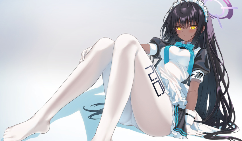 aliasing black_hair blue_archive dark_skin karin_(blue_archive) komiya_nigi long_hair maid pantyhose yellow_eyes