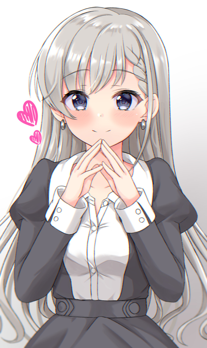 1girl absurdres bangs black_jacket black_skirt blush braid braided_bangs breasts closed_mouth collarbone collared_shirt commentary_request dress_shirt earrings eyebrows_visible_through_hair gradient gradient_background grey_background grey_eyes grey_hair heart highres hisakawa_hayate idolmaster idolmaster_cinderella_girls idolmaster_cinderella_girls_starlight_stage jacket jewelry juliet_sleeves long_hair long_sleeves looking_at_viewer mitsumine_raimu puffy_sleeves shirt skirt small_breasts smile solo steepled_fingers very_long_hair white_background white_shirt