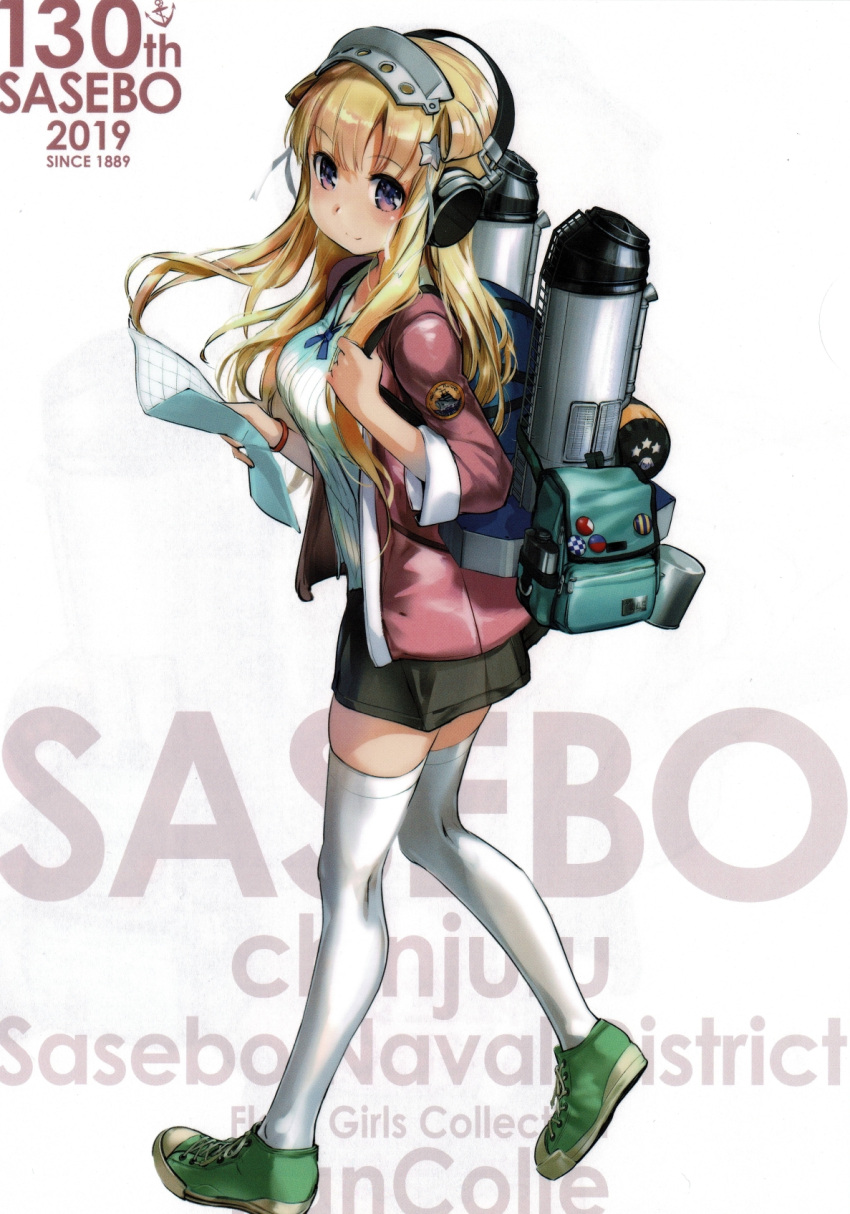 1girl 2019 armband bag blonde_hair breasts cardigan collared_shirt cropped cup double_bun fletcher_(kancolle) full_body hairband headphones highres kantai_collection large_breasts long_hair long_sleeves looking_at_viewer machinery map medium_skirt official_art paper purple_eyes scan scan_artifacts shirt shoes skirt smile sneakers solo thighhighs third-party_source white_legwear zeco