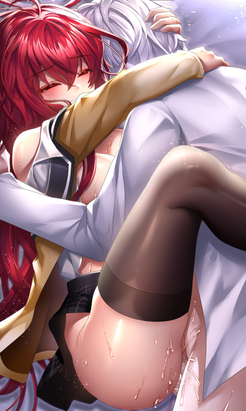 1boy 1girl ahoge arm_around_neck bangs been black_legwear black_skirt breasts brown_jacket censored cleavage dress_shirt elesis_(elsword) elsword eyebrows_visible_through_hair hair_between_eyes hand_in_another's_hair hetero highres jacket large_breasts long_hair miniskirt missionary mosaic_censoring open_clothes open_jacket open_shirt penis plaid plaid_skirt pleated_skirt red_hair sex shiny shiny_hair shirt silver_hair skirt skirt_lift sweat tears thighhighs vaginal very_long_hair white_shirt