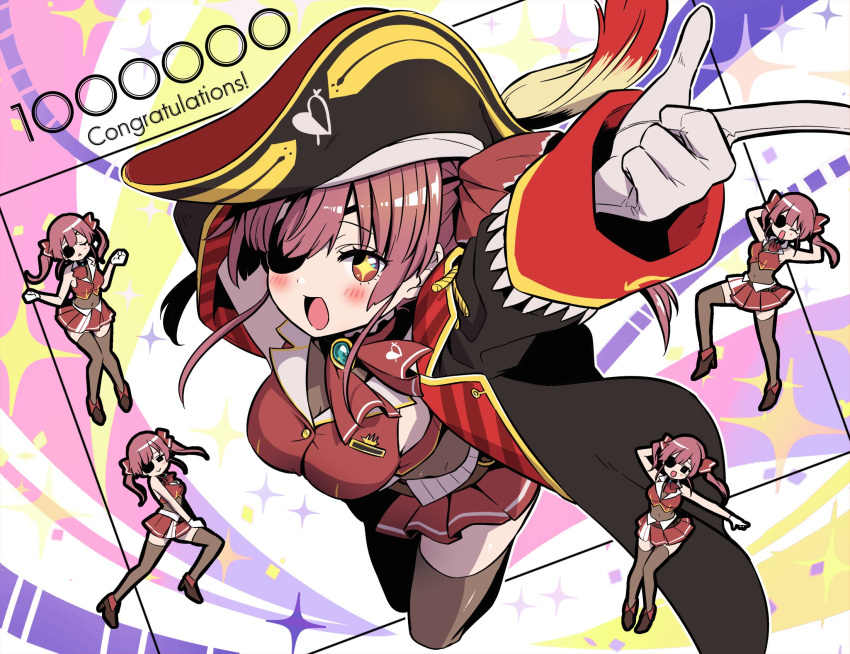 1girl bangs blush breasts brown_legwear closed_eyes coat congratulations covered_navel eyepatch gloves hair_ribbon high_heels highres hololive houshou_marine large_breasts long_hair long_sleeves milestone_celebration multiple_views open_mouth pleated_skirt red_hair red_skirt ribbon sidelocks skirt sleeveless thighhighs tsumumi_(kandume103) twintails virtual_youtuber white_gloves