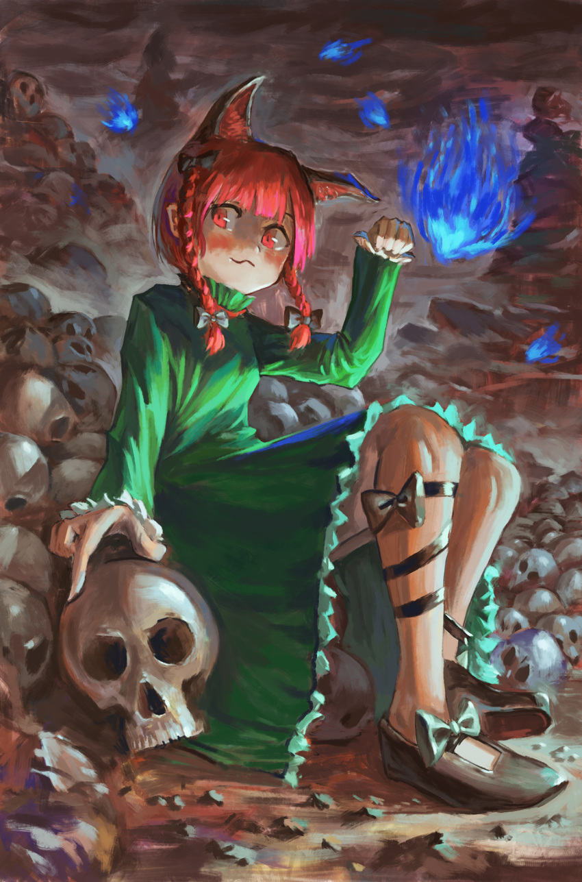 1girl animal_ears arm_up bangs black_footwear blue_fire blunt_bangs bow braid cat_ears cloud cloudy_sky dress extra_ears fire fjsmu footwear_bow foreshortening green_dress hair_ribbon highres holding holding_skull kaenbyou_rin leg_ribbon long_sleeves looking_at_viewer night outdoors paw_pose pile_of_skulls red_eyes ribbon shaded_face sitting skull sky sleeves_past_wrists smile solo touhou twin_braids