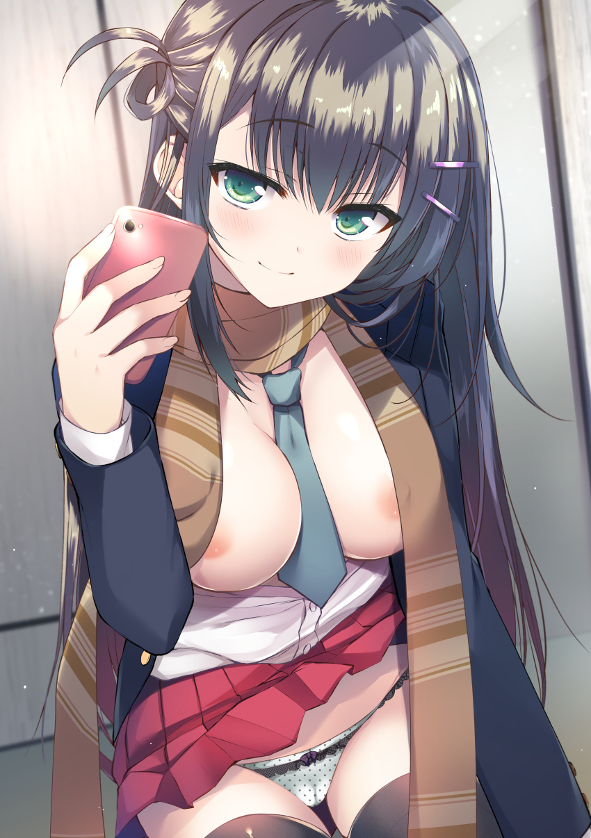 areola cameltoe kaniya_shiku no_bra open_shirt pantsu seifuku selfie skirt_lift thighhighs