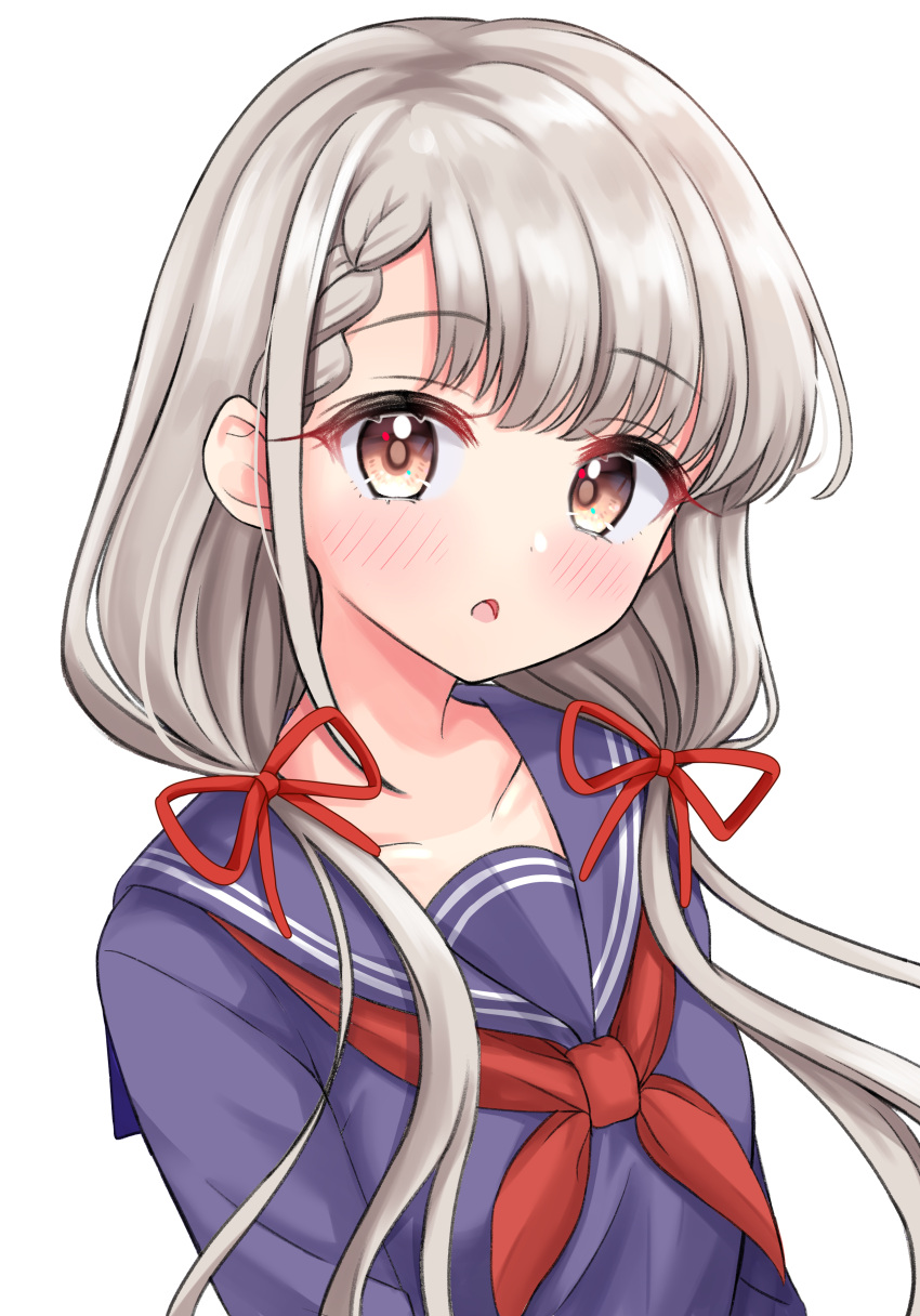 1girl :o absurdres bangs blue_sailor_collar blue_shirt blush braid braided_bangs brown_eyes collarbone commentary_request eyebrows_visible_through_hair grey_hair hair_over_shoulder hair_ribbon highres hisakawa_nagi idolmaster idolmaster_cinderella_girls idolmaster_cinderella_girls_starlight_stage long_hair looking_at_viewer low_twintails mitsumine_raimu neckerchief parted_lips red_neckwear red_ribbon ribbon sailor_collar school_uniform serafuku shirt simple_background solo twintails upper_body white_background