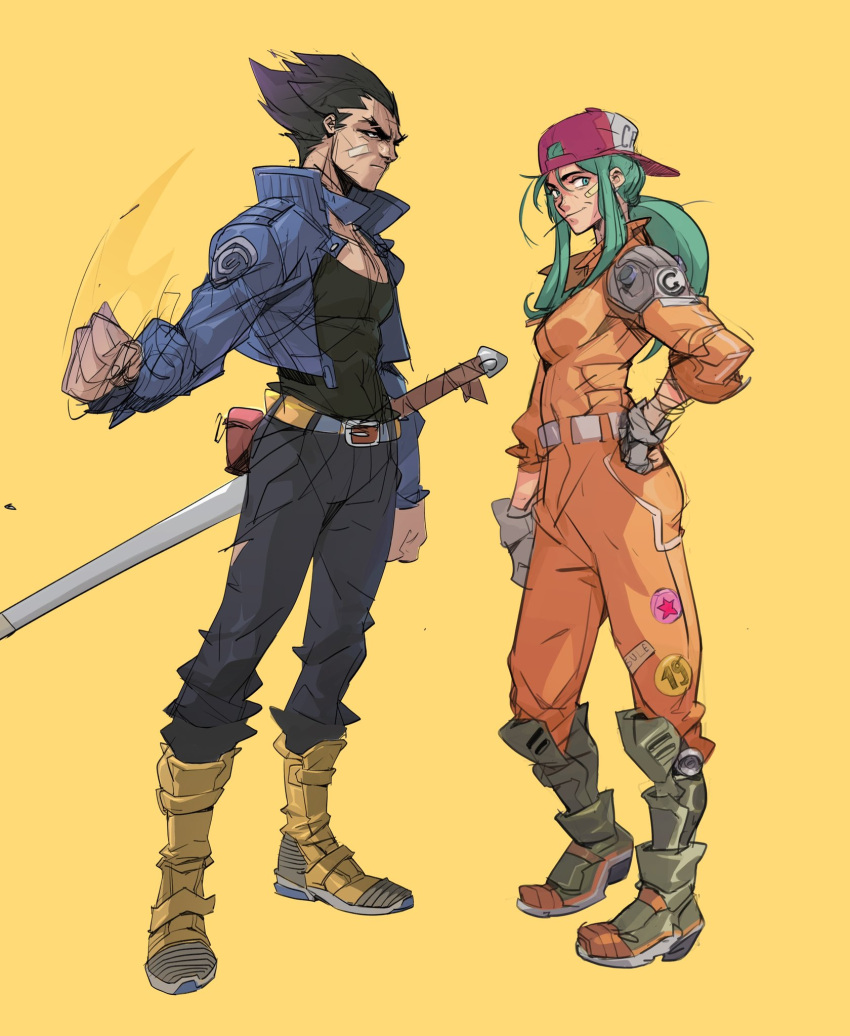 1boy 1girl aqua_eyes aqua_hair arm_at_side backwards_hat bandaid bandaid_on_cheek bandaid_on_face baseball_cap belt black_eyes black_hair black_pants black_shirt boots breasts bulma_(future) capsule_corp clenched_hands closed_mouth contrapposto cosplay denim denim_jacket dragon_ball dragon_ball_z expressionless fanny_pack fingerless_gloves fingernails frown full_body gloves green_footwear grey_gloves half-closed_eyes hand_on_hip hand_up hat hicham_habchi high_collar highres jacket jumpsuit knee_boots looking_afar looking_to_the_side medium_breasts open_clothes open_jacket orange_background orange_jumpsuit pants pink_headwear ponytail shirt side-by-side sidelocks simple_background spiked_hair standing sword trunks_(future)_(dragon_ball) trunks_(future)_(dragon_ball)_(cosplay) vegeta weapon white_belt wrinkles yellow_belt yellow_footwear