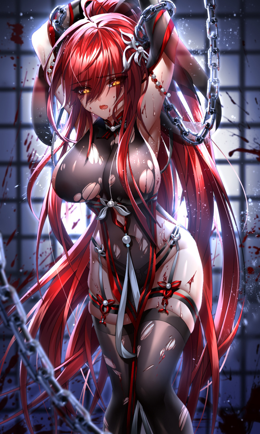 1girl arms_up bangs been black_gloves black_legwear black_panties blood blood_splatter blurry blurry_foreground breasts chain elbow_gloves elesis_(elsword) elsword eyebrows_visible_through_hair floating_hair garter_straps gloves hair_between_eyes high_ponytail highres large_breasts long_hair looking_down open_mouth panties red_hair restrained shiny shiny_hair sideboob solo standing thighhighs torn_clothes torn_legwear underwear v-shaped_eyebrows very_long_hair yellow_eyes