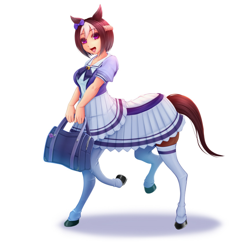 1girl :d animal_ears bag brown_hair centaur hair_ribbon highres holding holding_bag horse_ears horse_tail leg_up monster_girl monsterification multicolored_hair oldlim open_mouth purple_eyes ribbon school_bag school_uniform short_hair smile solo special_week tail thighhighs umamusume white_background white_hair