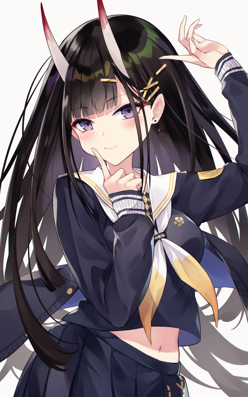 1girl absurdres arm_up azur_lane bangs black_cardigan black_hair black_shirt black_skirt blunt_bangs blush breasts cardigan closed_mouth cowboy_shot diieru earrings eyebrows_visible_through_hair finger_to_cheek hair_ornament hairclip highres horns index_finger_raised jewelry long_hair long_sleeves medium_breasts midriff_peek navel neckerchief noshiro_(azur_lane) oni_horns open_cardigan open_clothes pleated_skirt purple_eyes sailor_collar school_uniform serafuku shirt simple_background skin-covered_horns skirt smile solo straight_hair two-tone_neckwear very_long_hair white_background white_sailor_collar x_hair_ornament