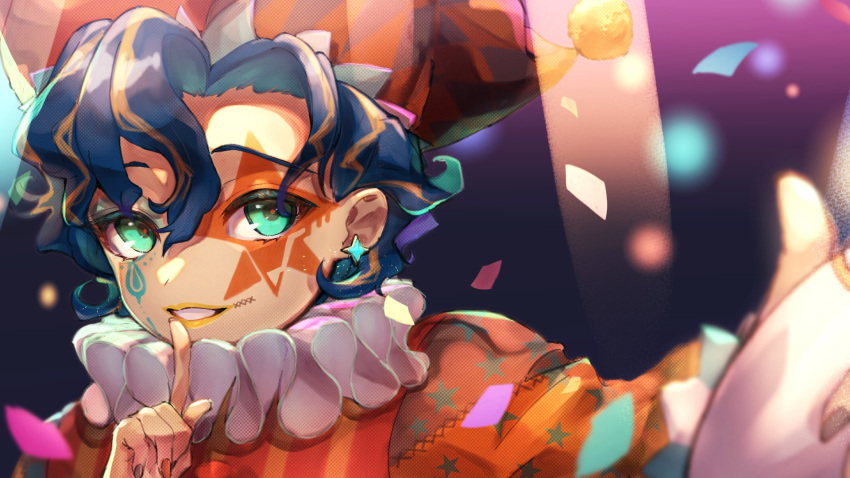 1boy aqua_eyes asagiri0700 astel_leda blonde_hair blue_hair circus confetti face facial_tattoo finger_to_mouth highres holostars index_finger_raised looking_at_viewer male_focus nail_polish short_hair shushing smile solo tattoo virtual_youtuber yellow_lips