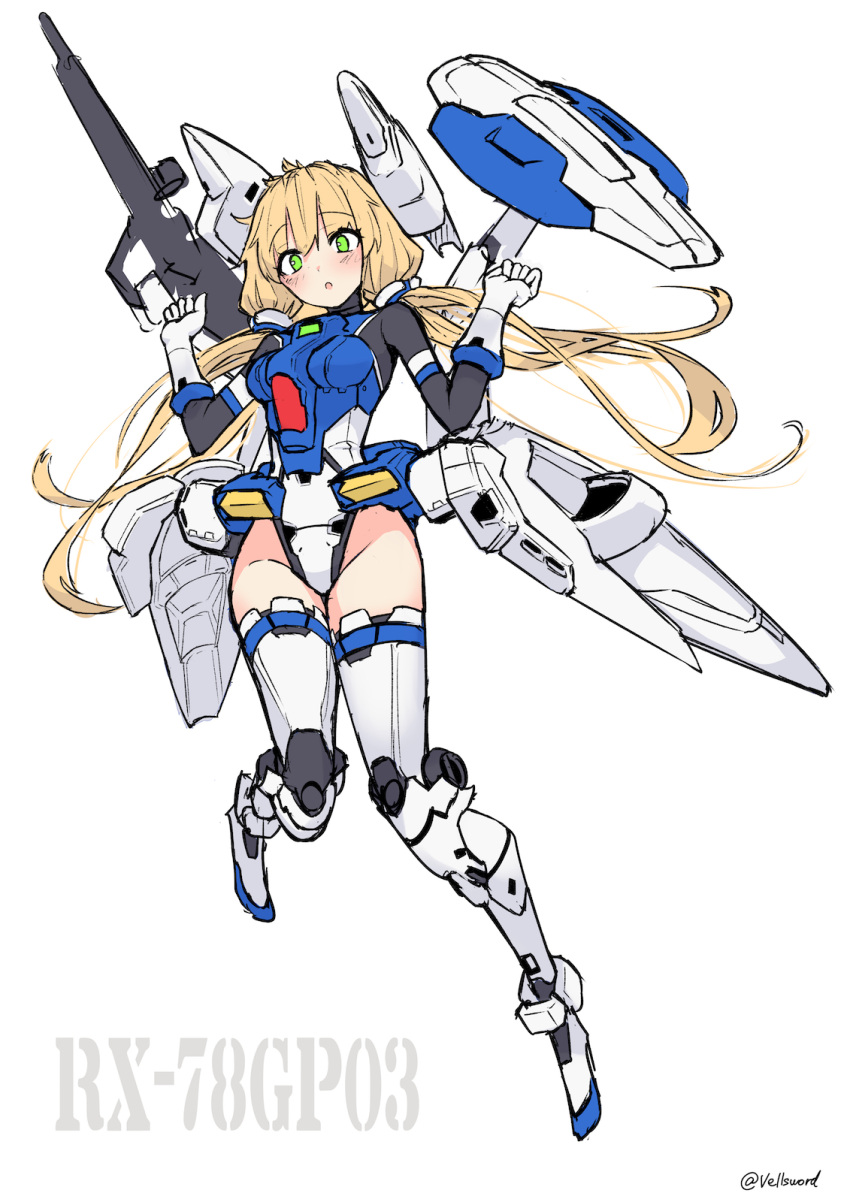 1girl :o bangs blonde_hair blush boots breasts clenched_hands eyebrows_visible_through_hair floating gloves gun gundam gundam_0083 gundam_gp-03_stamen head_tilt highres holding holding_gun holding_weapon i.takashi leotard long_hair looking_down mecha_musume medium_breasts open_mouth personification shield sketch solo thigh_boots thighhighs twintails very_long_hair weapon white_background white_gloves