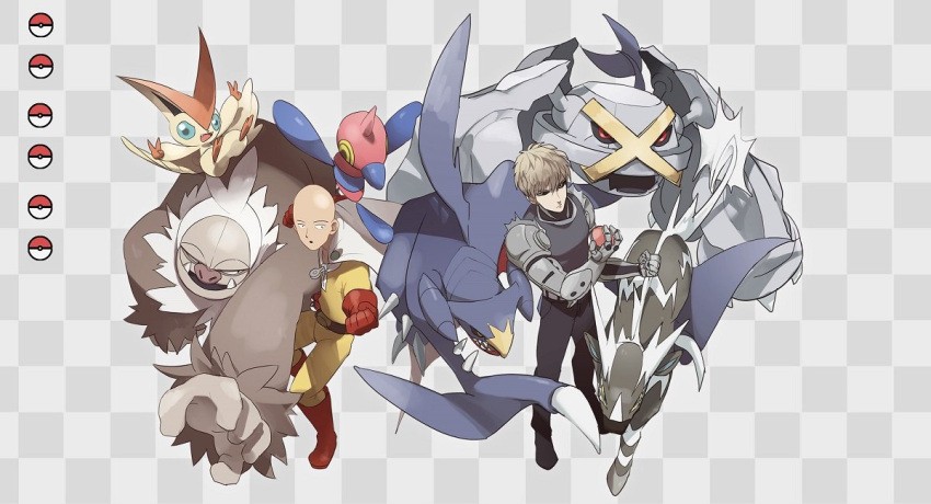 2boys alternate_color armor bald bangs belt black_pants boots cape checkered checkered_background clenched_hand commentary_request crossover garchomp gen_3_pokemon gen_4_pokemon gen_5_pokemon genos gloves male_focus metagross multiple_boys mythical_pokemon no-kan one-punch_man pants poke_ball_symbol pokemon pokemon_(creature) porygon-z red_footwear red_gloves saitama_(one-punch_man) shiny_pokemon short_hair slaking standing two-tone_background victini white_cape zebstrika