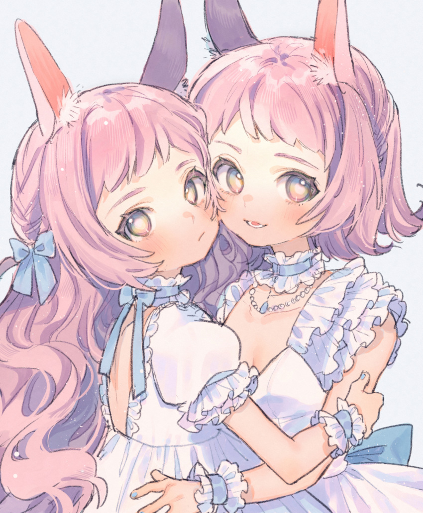 2girls :d animal_ear_fluff animal_ears blue_bow blue_choker blush bow braid brown_eyes bunny_ears choker closed_mouth collarbone commentary dress frilled_choker frills grey_background hair_bow highres hug jewelry kouhara_yuyu long_hair looking_at_viewer looking_back multiple_girls open_mouth original pendant pink_hair puffy_short_sleeves puffy_sleeves short_sleeves simple_background sleeveless sleeveless_dress smile symbol_commentary very_long_hair white_dress wrist_cuffs