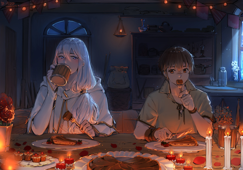 2boys bangs blue_eyes blush brown_eyes brown_hair brown_shirt cake cake_slice candle candlelight collared_shirt commentary_request cup door drinking eating eyebrows_behind_hair eyebrows_visible_through_hair food fork fruit hair_between_eyes hair_over_shoulder highres holding holding_cup holding_fork hood hood_down hooded_robe indoors long_hair long_sleeves low_ponytail male_focus maya_g multiple_boys original plate ponytail shirt short_sleeves sleeves_past_wrists strawberry tankard upper_body white_day white_robe