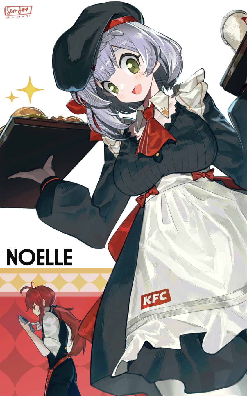 1boy 1girl absurdres alternate_costume apron bangs black_dress blunt_bangs blush bow breasts cabbie_hat cup diluc_(genshin_impact) dress drink employee_uniform fast_food_uniform food genshin_impact green_eyes green_hair half-closed_eyes hamburger hat highres kfc large_breasts long_sleeves noelle_(genshin_impact) open_mouth ponytail red_bow red_hair red_neckwear sen-jou sparkle tray uniform