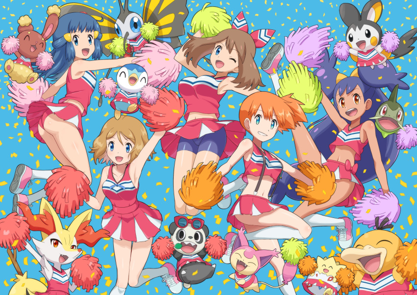 5girls :d ;d absurdres arm_up armpits ass axew bangs bare_arms beautifly bike_shorts blue_background blue_eyes blue_hair braixen breasts brown_hair buneary cheerleader clothed_pokemon confetti dark_skin dark_skinned_female dawn_(pokemon) emolga eyelashes gen_1_pokemon gen_2_pokemon gen_3_pokemon gen_4_pokemon gen_5_pokemon gen_6_pokemon hair_ornament hairclip highres holding holding_pom_poms iris_(pokemon) kneehighs long_hair looking_at_viewer may_(pokemon) miniskirt misty_(pokemon) multiple_girls navel one_eye_closed open_mouth orange_hair outstretched_arm pancham panties parted_lips pink_footwear pink_skirt piplup pokemoa pokemon pokemon_(anime) pokemon_(classic_anime) pokemon_(creature) pokemon_bw_(anime) pokemon_dppt_(anime) pokemon_rse_(anime) pokemon_xy_(anime) pom_poms psyduck purple_hair serena_(pokemon) shoes short_hair shorts shorts_under_skirt skirt skitty sleeveless smile sneakers socks stick sunglasses suspenders togepi tongue underwear very_long_hair white_legwear