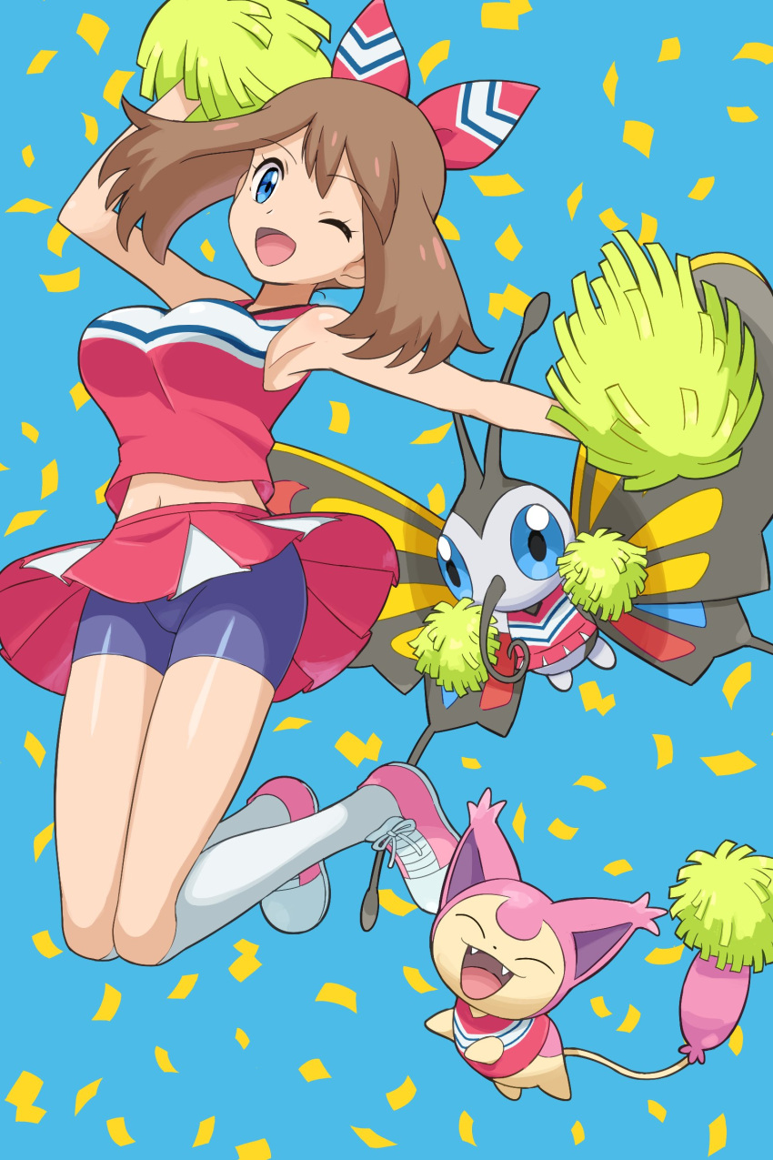 1girl ;d absurdres arm_up armpits bangs bare_arms beautifly bike_shorts blue_background blue_eyes breasts brown_hair cheerleader clothed_pokemon commentary_request confetti eyelashes gen_3_pokemon hair_ribbon highres holding holding_pom_poms kneehighs looking_at_viewer may_(pokemon) navel one_eye_closed open_mouth outstretched_arm pink_footwear pink_skirt pokemoa pokemon pokemon_(anime) pokemon_(creature) pokemon_rse_(anime) pom_poms ribbon shirt shoes skirt skitty sleeveless sleeveless_shirt smile sneakers tongue white_legwear