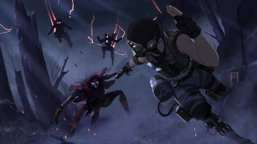 1other 3boys ambiguous_gender apex_legends b3_wingman black_gloves black_headwear bloodhound_(apex_legends) cropped_vest dark_persona english_commentary fingerless_gloves gloves glowing glowing_eyes goggles green_vest grey_shorts gun highres holding holding_gun holding_weapon humanoid_robot ifragmentix leaning_forward looking_back male_focus mechanical_legs multiple_boys night octane_(apex_legends) one-eyed pathfinder_(apex_legends) prosthesis prosthetic_leg red_eyes revenant_(apex_legends) revolver running science_fiction shorts simulacrum_(titanfall) squatting vest weapon
