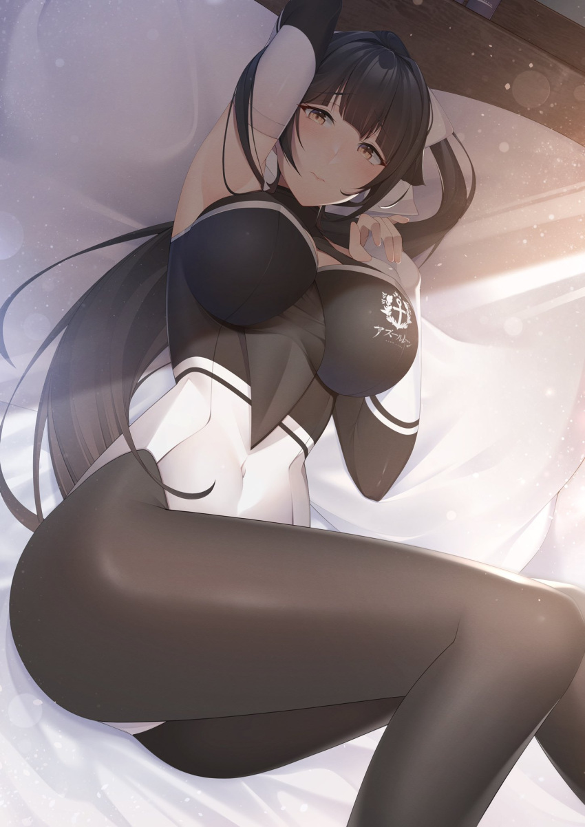 1girl azur_lane bed black_hair bodystocking bow brown_eyes chichikoucha cleavage_cutout clothing_cutout commentary_request hair_bow hair_flaps highres leotard logo long_hair looking_at_viewer lying multicolored_leotard official_alternate_costume on_side pillow ponytail race_queen solo takao_(azur_lane) takao_(full_throttle_charmer)_(azur_lane) two-tone_leotard white_bow
