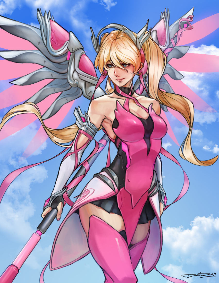 1girl absurdres bangs black_skirt blonde_hair blue_eyes boots breasts cleavage cloud daniel_deng elbow_gloves energy_wings english_commentary fingerless_gloves flying gloves hair_between_eyes highres looking_down medium_breasts mercy_(overwatch) overwatch pink_mercy science_fiction signature skirt sky solo thigh_boots thighhighs twintails