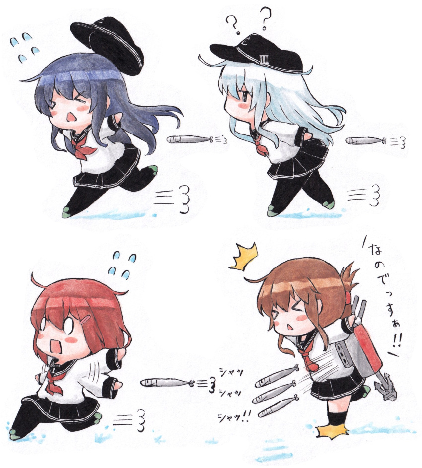 &gt;_&lt; 0_0 ? akatsuki_(kancolle) black_hair black_headwear black_legwear black_sailor_collar black_skirt blush_stickers brown_hair commentary_request flat_cap flying_sweatdrops folded_ponytail hat hibiki_(kancolle) highres ikazuchi_(kancolle) inazuma_(kancolle) kantai_collection kneehighs long_hair nanodesu_(phrase) neckerchief pantyhose pleated_skirt poipoi_purin red_neckwear running sailor_collar school_uniform serafuku short_hair silver_hair skirt torpedo torpedo_launcher traditional_media translation_request white_background