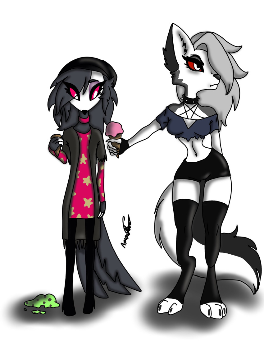 anthro beak canid canid_demon clothed clothing demon dessert duo feathers female food gloves handwear hellhound helluva_boss hi_res holding_object ice_cream loona_(vivzmind) mammal octavia_(vivzmind) simple_background tail_feathers white_background white_face