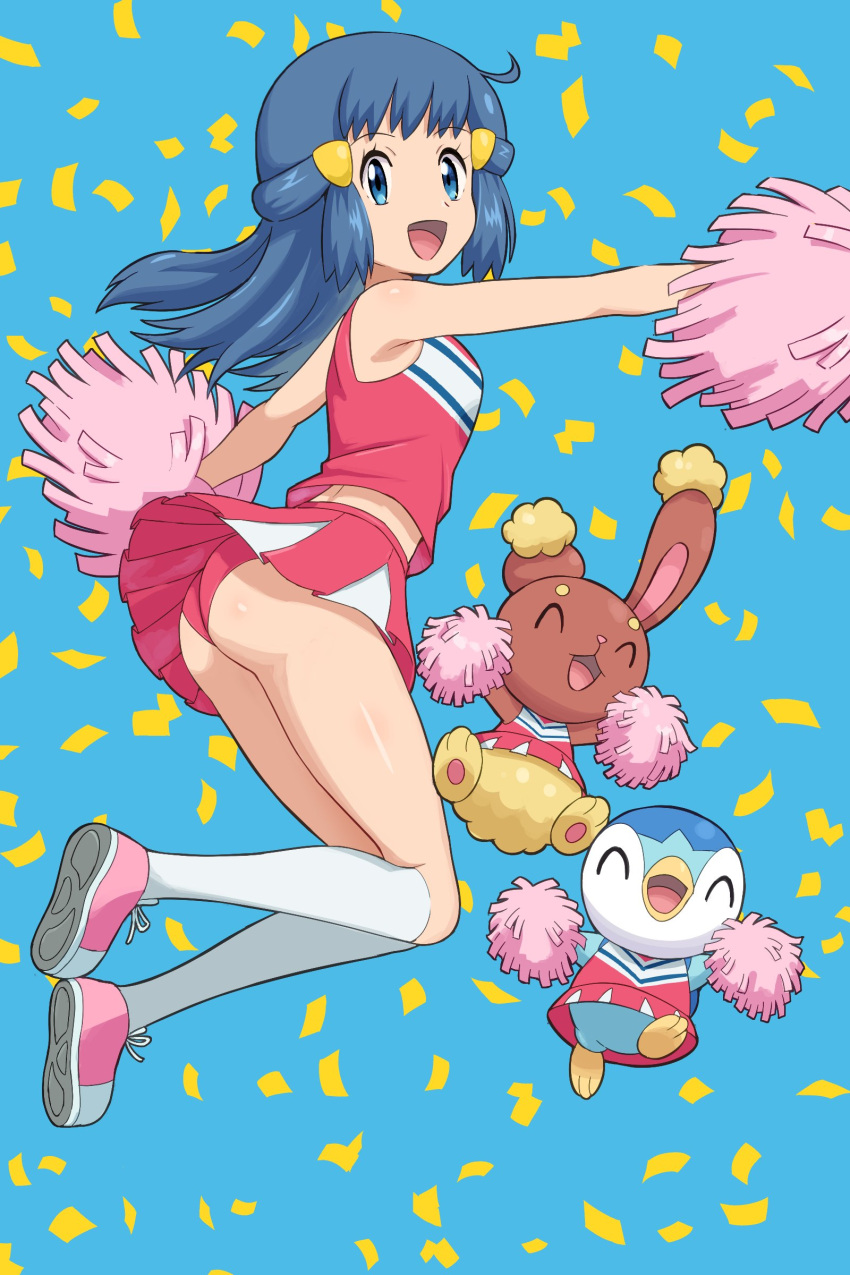 1girl :d absurdres arched_back ass bangs bare_arms blue_background blue_eyes blue_hair body_blush buneary cheerleader clothed_pokemon commentary_request confetti dawn_(pokemon) eyelashes floating_hair gen_4_pokemon hair_ornament hairclip highres holding holding_pom_poms kneehighs knees_together long_hair looking_at_viewer open_mouth outstretched_arms panties pink_footwear pink_skirt piplup pokemoa pokemon pokemon_(anime) pokemon_(creature) pokemon_dppt_(anime) pom_poms shiny shiny_skin shirt shoes skirt sleeveless sleeveless_shirt smile sneakers starter_pokemon tongue underwear white_legwear