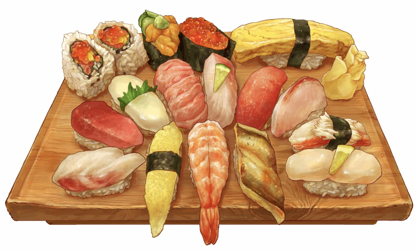 egg fish food food_focus gunkanmaki ikura_(food) leaf makizushi meat nigirizushi no_humans omelet original realistic rice roe seafood seaweed shrimp simple_background still_life sushi sushi_geta tamagoyaki tray vegetable waopwaop white_background