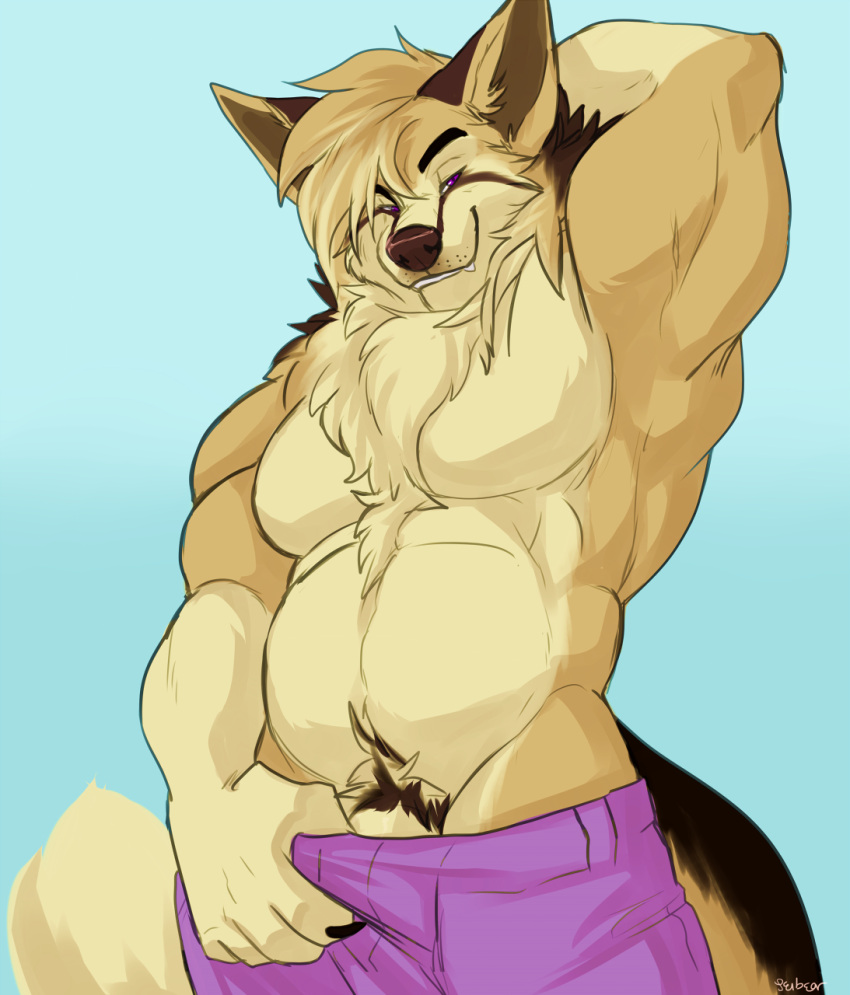 anthro biceps blanford's_fox canid canine chest_tuft clothed clothing fox genitals hi_res looking_at_viewer male mammal osiris_henschel penis penis_base pubes purple_eyes seibear smile solo topless triceps tuft