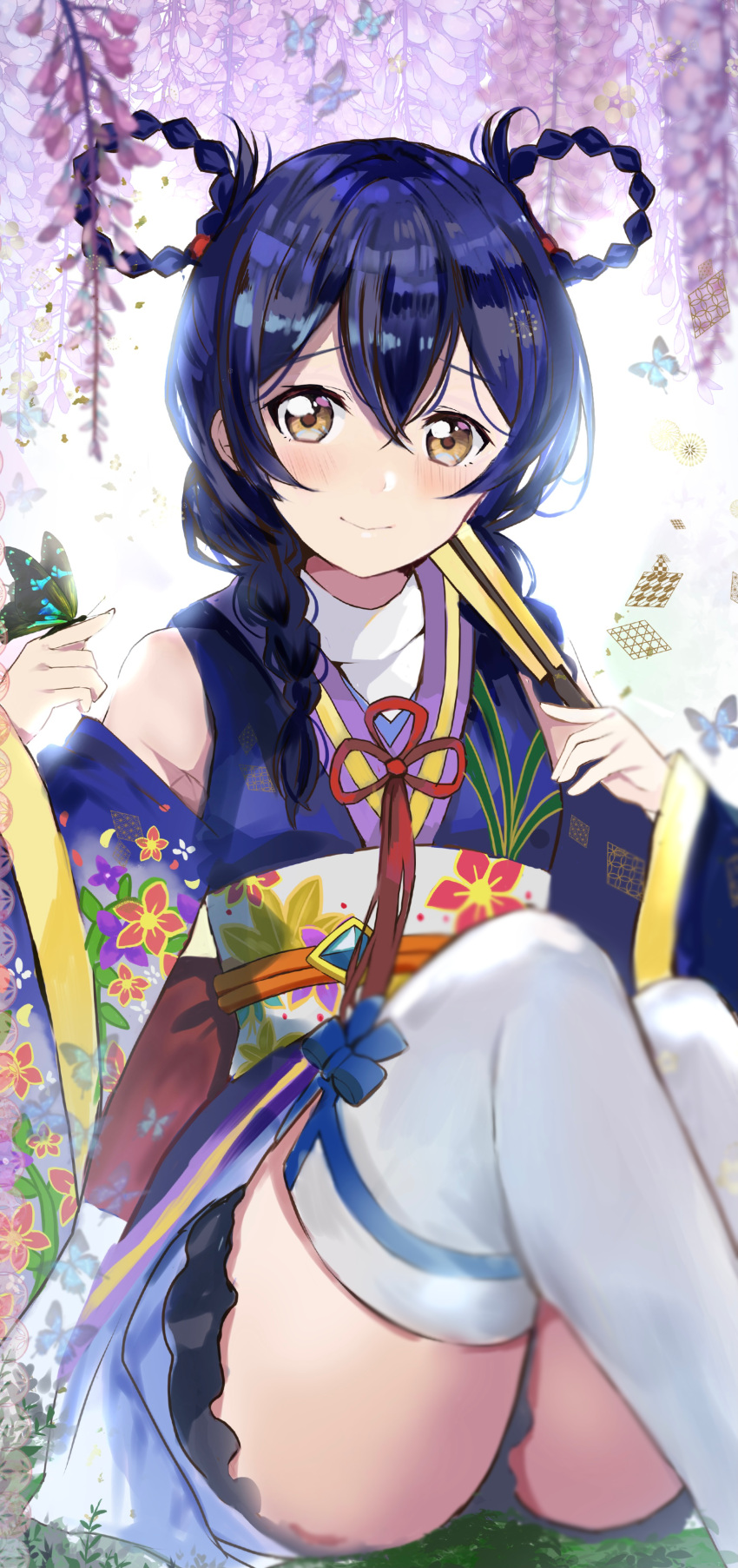 1girl absurdres angelic_angel bangs birthday blue_hair braid breasts bug butterfly closed_fan commentary detached_sleeves fan floral_print folding_fan hair_rings highres insect japanese_clothes kimono long_hair looking_at_viewer love_live! love_live!_school_idol_project love_live!_the_school_idol_movie multiple_braids shiny shiny_hair shirokagi_tsukito sitting small_breasts solo sonoda_umi thighhighs white_legwear yellow_eyes