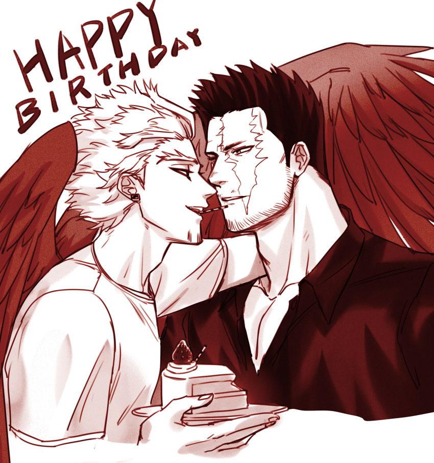 2boys absurdres boku_no_hero_academia cake cake_slice couple cropped_torso eye_contact facial_hair food greyscale happy_birthday hawks_(boku_no_hero_academia) helen_roro highres imminent_kiss looking_at_another male_cleavage male_focus mature_male monochrome mouth_hold multiple_boys muscular muscular_male partially_unbuttoned pectorals pocky pocky_kiss red_theme red_wings scar scar_across_eye short_hair sideburns smile spiked_hair stubble todoroki_enji wings yaoi