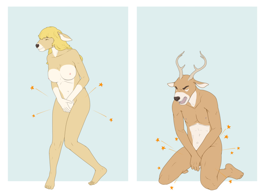 9x9 animal_genitalia anthro antlers ballbusting bent_over breasts cervid cervine cock_and_ball_torture comparison duo female female_focus genital_torture genitals horn kneeling male male_focus mammal nude pain pussy_torture sheath