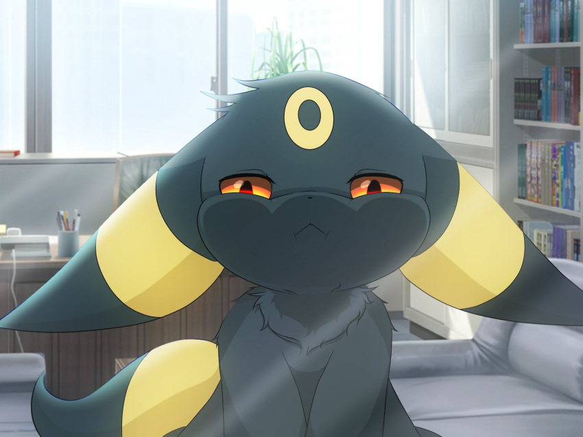 4:3 ambiguous_gender black_body black_fur book bookshelf city cute_face desk detailed_background eeveelution feral fur furniture glass hi_res hirochanu inside looking_at_viewer nintendo on_glass pok&eacute;mon pok&eacute;mon_(species) sofa solo umbreon video_games window