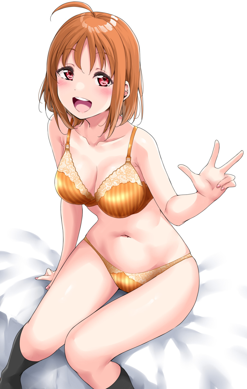 1girl absurdres ahoge bangs black_legwear blush bra breasts cleavage collarbone commentary eyebrows_visible_through_hair hair_down highres large_breasts looking_at_viewer love_live! love_live!_sunshine!! orange_bra orange_hair orange_panties panties red_eyes shiny shiny_hair shiny_skin short_hair sidelocks solo striped striped_bra striped_panties takami_chika underwear yopparai_oni