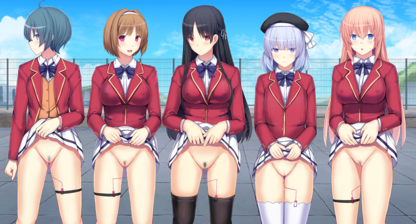 5girls ahoge annoyed bangs beret black_hair black_headwear black_legwear blue_eyes blue_hair blue_neckwear blue_sky blush bob_cut bow bowtie braid breasts brown_hair buttons censored clenched_hand closed_mouth cloud collared_shirt commentary_request controller daiaru day eyebrows_visible_through_hair fence flat_chest hair_intakes hair_ribbon hairband hand_up hands_up happy hat horikita_suzune ibuki_mio ichinose_honami_(youjitsu) jacket kushida_kikyou legs_together lifted_by_self long_hair long_sleeves looking_at_viewer medium_breasts miniskirt mosaic_censoring mountain multiple_girls nervous no_panties object_insertion open_clothes open_jacket open_mouth orange_hair orange_vest outdoors pleated_skirt pocket profile pubic_hair pussy pussy_juice red_eyes red_jacket remote_control remote_control_vibrator ribbon rooftop sakayanagi_arisu school_uniform sex_toy shiny shiny_hair shiny_skin shirt short_hair sidelocks sideways_mouth skirt skirt_lift sky smile standing thighhighs tied_hair vaginal vaginal_object_insertion vest vibrator vibrator_in_thighhighs white_hairband white_legwear white_ribbon white_shirt white_skirt youkoso_jitsuryoku_shijou_shugi_no_kyoushitsu_e