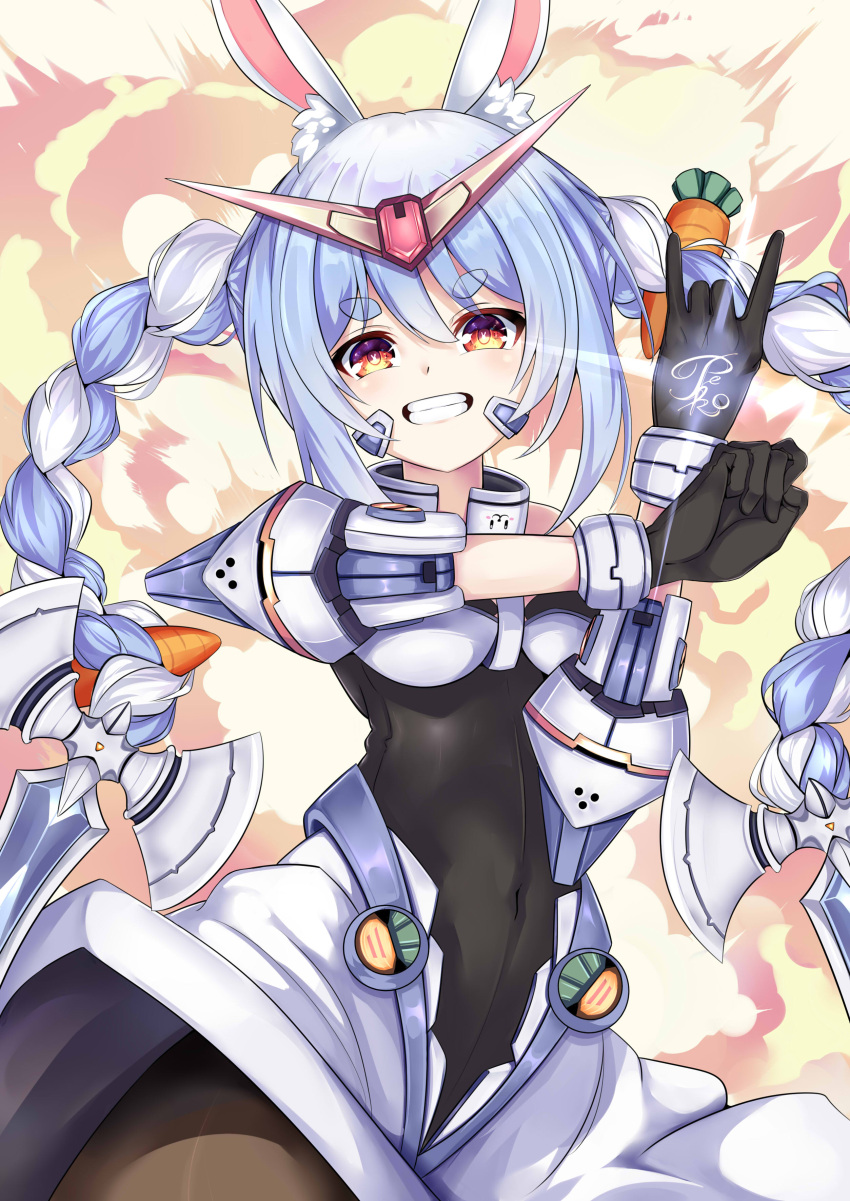 1girl absurdres adapted_costume animal_ear_fluff animal_ears bangs black_gloves black_leotard blue_hair braid bunny-shaped_pupils bunny_ears carrot_hair_ornament contrapposto covered_navel don-chan_(usada_pekora) food_themed_hair_ornament gloves grin gundam hair_ornament highres hikimayu hololive ikyuu_nori leotard long_hair looking_at_viewer mecha_musume multicolored_hair orange_eyes pantyhose pekodam playboy_bunny short_eyebrows smile solo swept_bangs thick_eyebrows twin_braids twintails two-tone_hair upper_body usada_pekora v-shaped_eyebrows white_hair