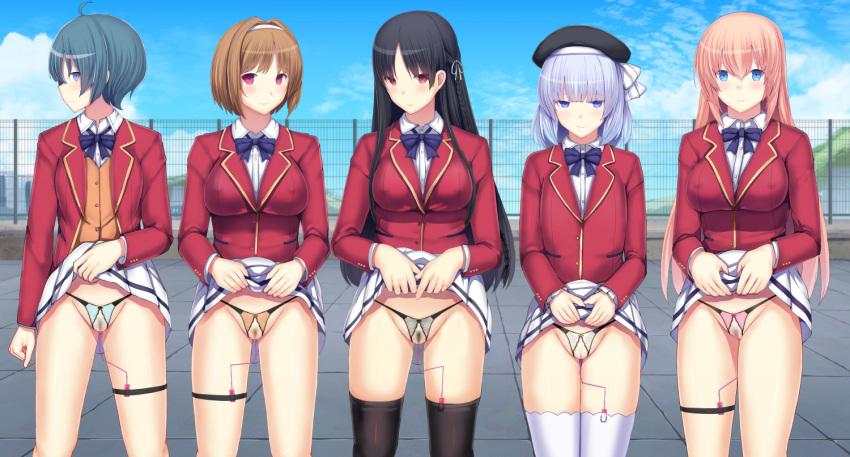 5girls ahoge annoyed bangs beret black_hair black_headwear black_legwear black_panties blue_eyes blue_hair blue_neckwear blue_panties blue_sky blush bob_cut bow bow_panties bowtie braid breasts brown_hair buttons censored clenched_hand closed_mouth cloud collared_shirt commentary_request controller crotchless crotchless_panties daiaru day eyebrows_visible_through_hair fence flat_chest hair_intakes hair_ribbon hairband hand_up hands_up happy hat horikita_suzune ibuki_mio ichinose_honami_(youjitsu) jacket kushida_kikyou legs_together lifted_by_self long_hair long_sleeves looking_at_viewer medium_breasts miniskirt mosaic_censoring mountain multiple_girls object_insertion open_clothes open_jacket open_mouth orange_hair orange_panties orange_vest outdoors panties pink_panties pleated_skirt pocket profile pubic_hair pussy pussy_juice red_eyes red_jacket remote_control remote_control_vibrator ribbon rooftop sakayanagi_arisu school_uniform see-through sex_toy shiny shiny_hair shiny_skin shirt short_hair sidelocks sideways_mouth skirt skirt_lift sky smile standing string_panties thighhighs tied_hair underwear vaginal vaginal_object_insertion vest vibrator vibrator_in_thighhighs white_hairband white_legwear white_ribbon white_shirt white_skirt youkoso_jitsuryoku_shijou_shugi_no_kyoushitsu_e