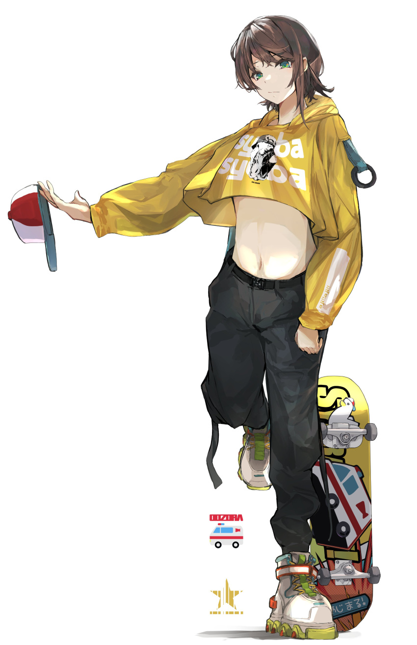 1girl absurdres alternate_costume baseball_cap black_pants brown_hair cropped_hoodie green_eyes hair_behind_ear hat highres holding holding_clothes holding_hat hololive hood hoodie looking_at_viewer midriff navel oozora_subaru pants shoes short_hair skateboard sneakers solo standing standing_on_one_leg subaru_duck tsumeki virtual_youtuber yellow_hoodie