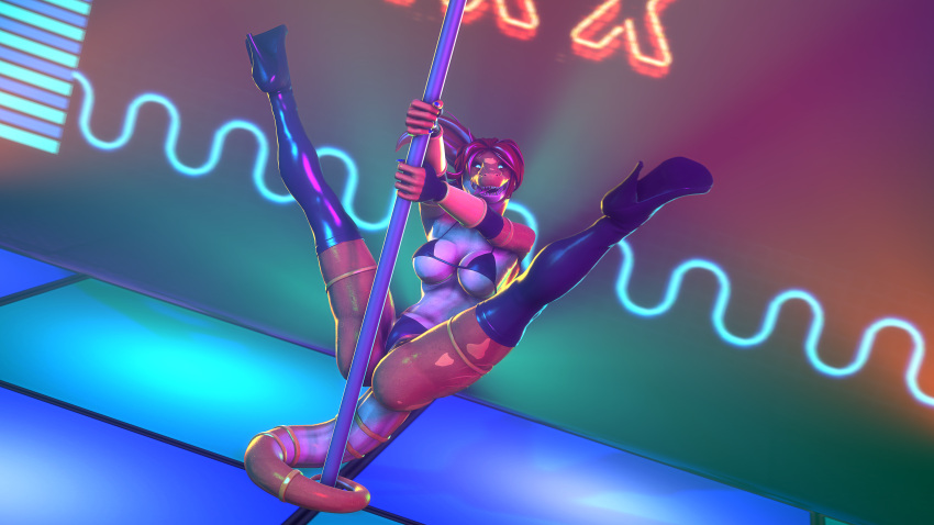 2020 3d_(artwork) absurd_res anthro biped blue_eyes bots bra breasts butt clothed clothing dancing digital_media_(artwork) female hair handwear hi_res high_heels legwear lights lizard lizard_(petruz) looking_at_viewer my_eyes_they_burn navel neon neon_lights non-mammal_breasts open_mouth orange_body orange_scales orange_skin panties pole pole_dancing red_hair reptile rodinsinker scales scalie smile solo source_filmmaker spread_legs spreading stripper stripper_pole thong tongue tongue_out underwear widescreen