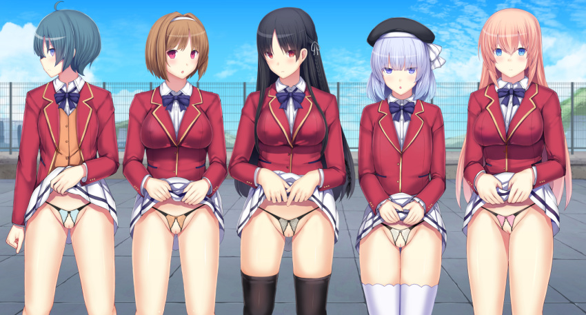 5girls ahoge annoyed bangs beret black_hair black_headwear black_legwear black_panties blue_eyes blue_hair blue_neckwear blue_panties blue_sky blush bob_cut bow bow_panties bowtie braid breasts brown_hair buttons censored clenched_hand closed_mouth cloud collared_shirt commentary_request crotchless crotchless_panties daiaru day eyebrows_visible_through_hair fence flat_chest hair_intakes hair_ribbon hairband hand_up hands_up hat horikita_suzune ibuki_mio ichinose_honami_(youjitsu) jacket kushida_kikyou legs_together lifted_by_self long_hair long_sleeves looking_at_viewer medium_breasts miniskirt mosaic_censoring mountain multiple_girls nervous open_clothes open_jacket open_mouth orange_hair orange_panties orange_vest outdoors panties pink_panties pleated_skirt pocket profile pussy pussy_juice red_eyes red_jacket ribbon rooftop sakayanagi_arisu school_uniform see-through shiny shiny_hair shiny_skin shirt short_hair sidelocks sideways_mouth skirt skirt_lift sky standing string_panties thighhighs tied_hair underwear vest white_hairband white_legwear white_ribbon white_shirt white_skirt youkoso_jitsuryoku_shijou_shugi_no_kyoushitsu_e