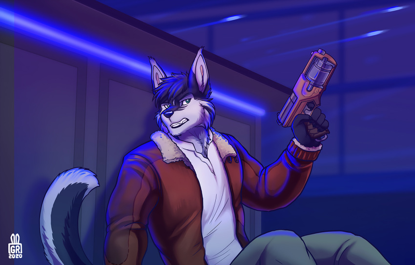 5_fingers action_pose anthro blue_hair byowt canid canine canis clothed clothing ears_up fingers fur green_eyes gun hair holding_object holding_weapon looking_away male mammal pose raised_tail ranged_weapon sitting solo teeth weapon white_body white_fur wolf