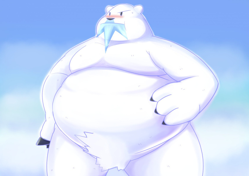 2021 anthro beartic belly blush bodily_fluids fur hi_res kemono male marumu_5656 nintendo obese obese_anthro obese_male overweight overweight_anthro overweight_male pok&eacute;mon pok&eacute;mon_(species) solo sweat video_games white_body white_fur