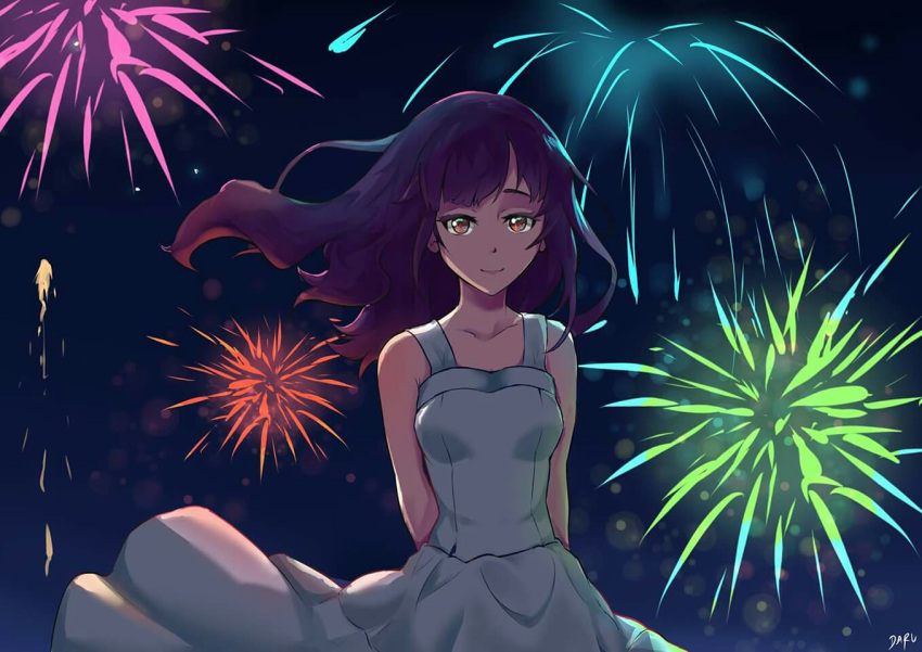 1girl aerial_fireworks arms_behind_back artist_name character_request daru fireworks long_hair looking_at_viewer night purple_hair smile solo uchiage_hanabi_shita_kara_miru_ka?_yoko_kara_miru_ka? upper_body wind wind_lift