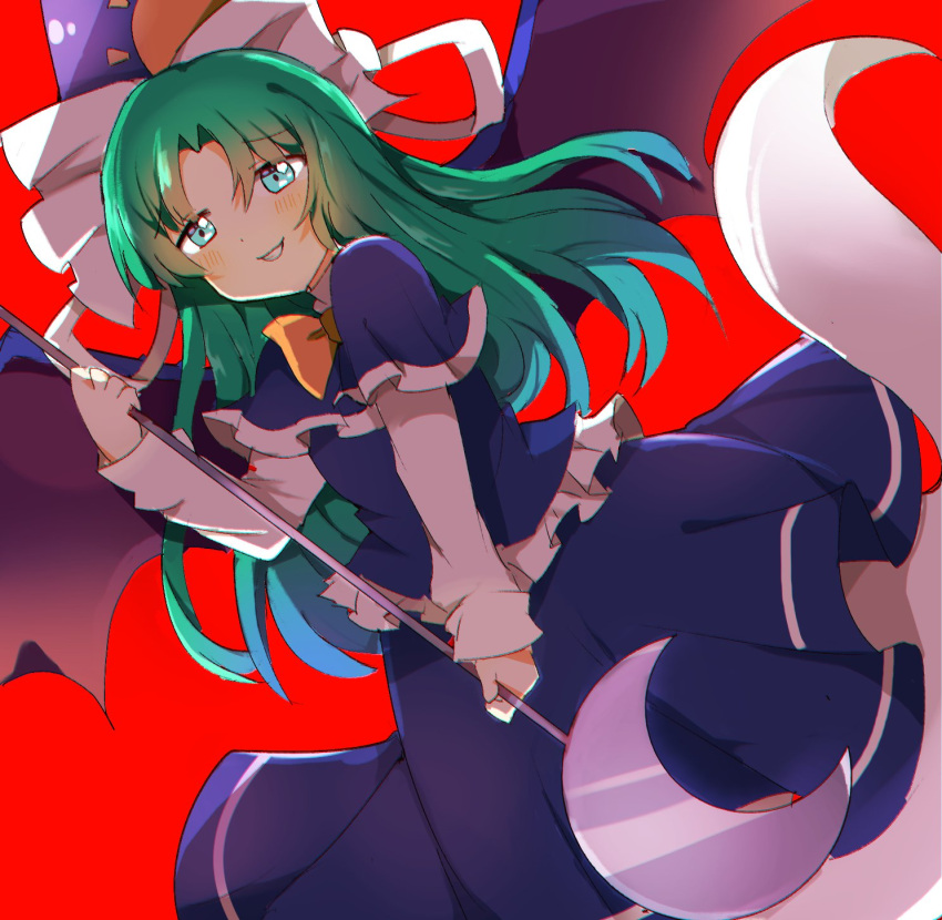 1girl aqua_eyes bangs blue_capelet blue_headwear blue_skirt blue_vest blush capelet crescent demon_wings dutch_angle eyebrows_visible_through_hair frilled_vest ghost_tail green_hair hat highres holding holding_staff long_hair long_shirt mima_(touhou) parted_bangs red_background simple_background skirt staff sun_print touhou touhou_(pc-98) vest wings wizard_hat zeroko-san_(nuclear_f)