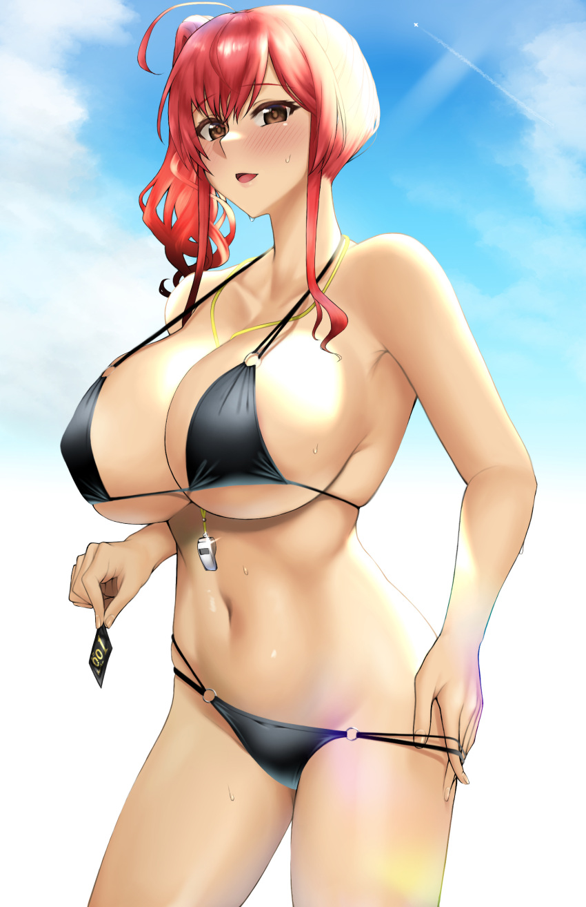 1girl absurdres ahoge asymmetrical_hair azur_lane bare_legs bikini bikini_pull black_bikini blue_sky blush breasts brown_eyes cleavage closed_mouth cloud cloudy_sky commentary condom condom_wrapper cowboy_shot eyebrows_visible_through_hair glint groin hair_between_eyes highres holding holding_condom huge_breasts karakari looking_at_viewer medium_hair navel o-ring o-ring_bikini official_alternate_costume product_placement red_hair side_ponytail sky smile solo stomach strap_pull string_bikini swimsuit thighs wet whistle whistle_around_neck zara_(azur_lane) zara_(poolside_coincidence)_(azur_lane)