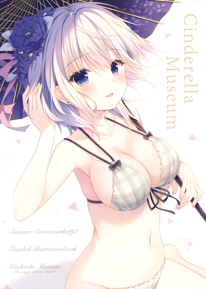 :d absurdres anastasia_(idolmaster) artist_name bangs bare_arms bikini blue_eyes blue_flower blue_ribbon blush breasts cleavage collarbone earrings eyebrows eyebrows_visible_through_hair eyelashes fingernails flower front-tie_bikini front-tie_top groin hair_between_eyes hair_flower hair_ornament hair_ribbon hand_in_hair highres holding holding_umbrella idolmaster idolmaster_cinderella_girls jewelry looking_at_viewer medium_breasts multi-strapped_bikini navel open_mouth oriental_umbrella plaid plaid_bikini purple_ribbon ribbon scan short_hair side-tie_bikini silver_hair simple_background sitting smile solo stomach stud_earrings swimsuit triangle umbrella wariza white_background yamcha_(cocololi)