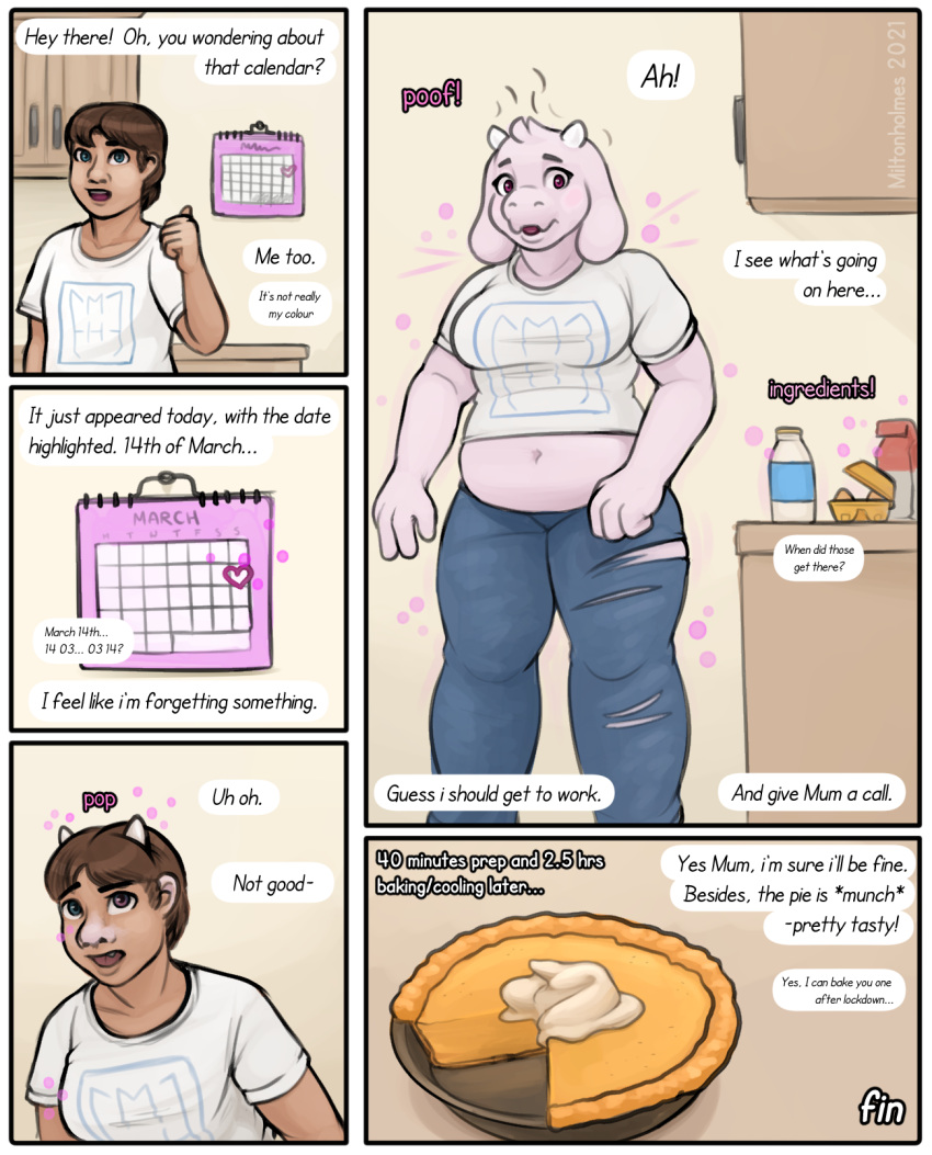 anthro bovid caprine clothing comic dessert dialogue female food gender_transformation goat hi_res holidays human humanoid magic mammal miltonholmes monster mother's_day pi_day pie toriel toriel_(undertale) torn_clothing transformation undertale video_games weight_gain
