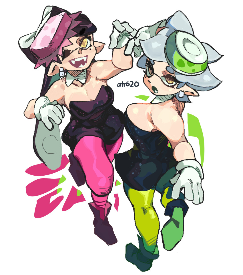 2girls absurdres bare_shoulders black_hair breasts callie_(splatoon) cleavage full_body gloves green_legwear grey_hair hand_up highres long_hair looking_at_viewer marie_(splatoon) mole mole_under_eye multiple_girls open_mouth pantyhose pink_legwear pointy_ears short_hair sideboob signature simple_background smile splatoon_(series) standing white_background white_gloves whoopsatro yellow_eyes