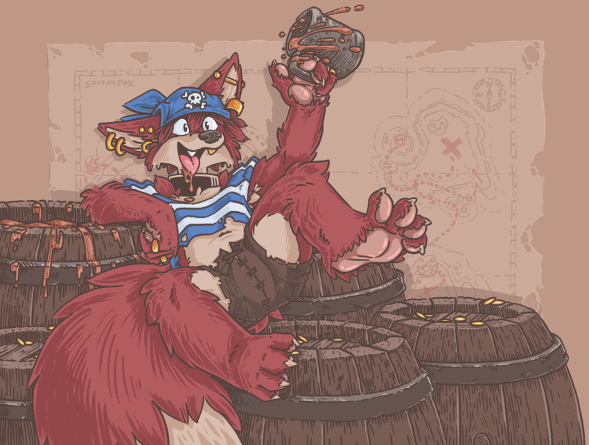 alcohol anthro bandanna beverage bottomwear canid canine clothing coin drunk ear_piercing ear_ring feet fox fur gold_(metal) gold_coin hindpaw kerchief leather leather_bottomwear leather_clothing leather_shorts male mammal pants paws piercing pirate pirate_outfit red_body red_fox red_fur ring rum shorts slightly_chubby soft softailfox solo substance_intoxication tight_bottomwear tight_clothing tight_pants tight_shorts toes tongue tongue_out